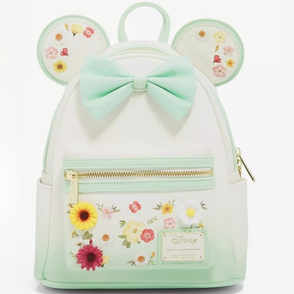 Loungefly Disney Minnie Mouse Pressed Flower Bow Backpack Green White